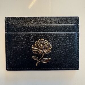 RARE Gucci Garden Black Pebbled Leather Rose Card Holder Wallet